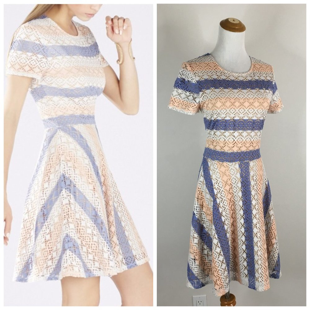 BCBGMAXAZRIA Textured RENLEY Aqua Combo Etched Chevron Perforated A Line Dress
